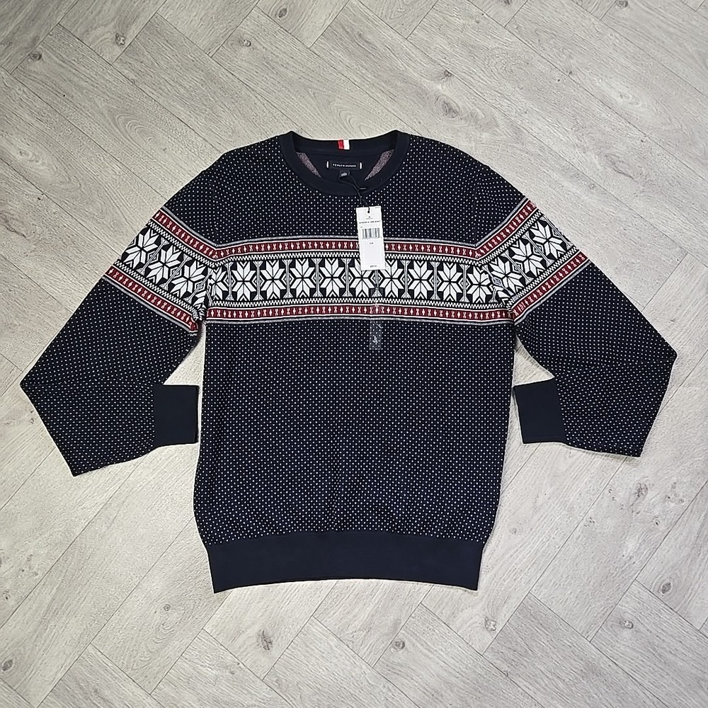 Tommy Hilfiger Men's Large Fair Isle 100% Cotton Sweater Crew Neck Navy Blue